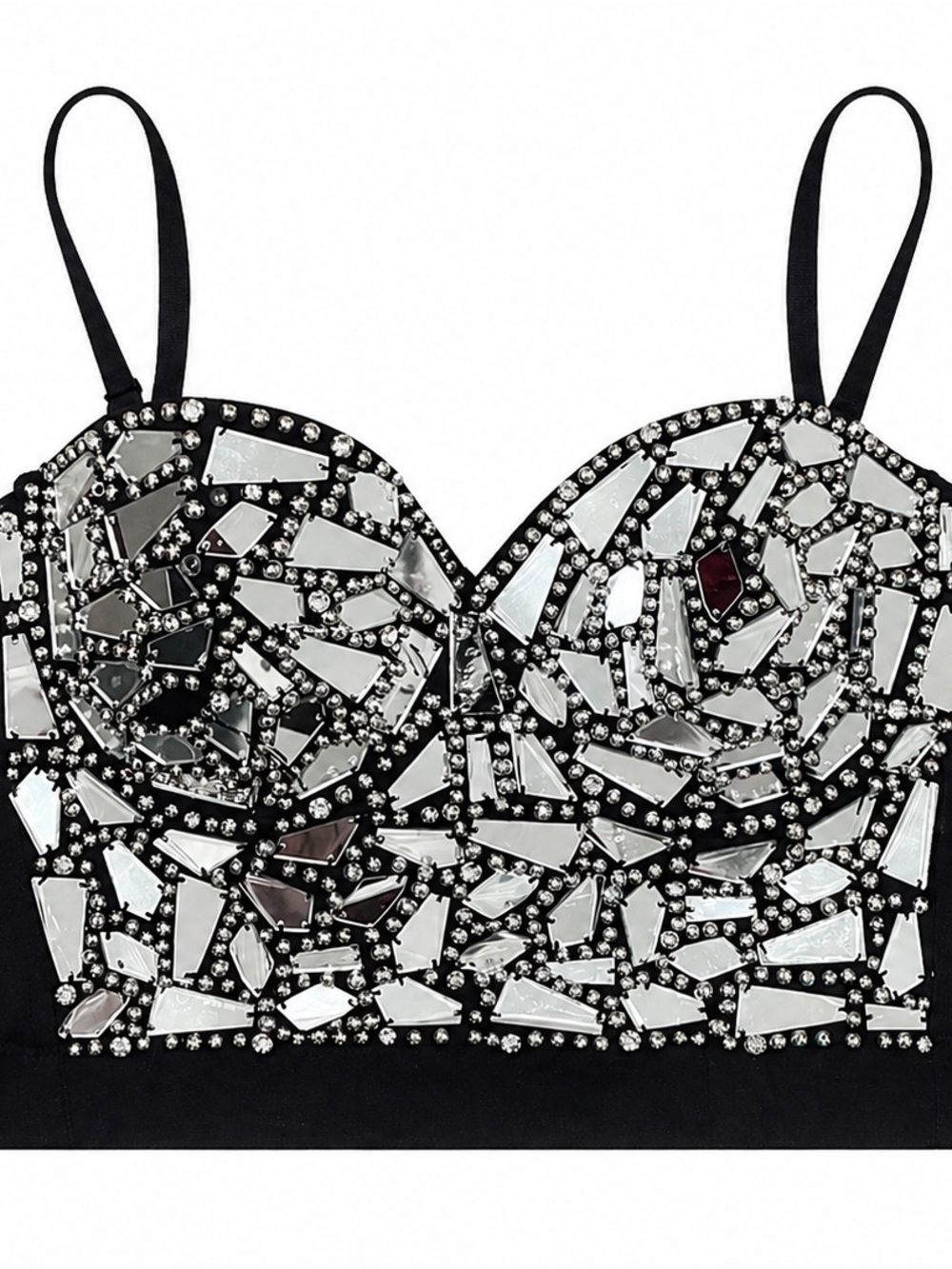 Mirrored Embellished Black Crop Bustier Top